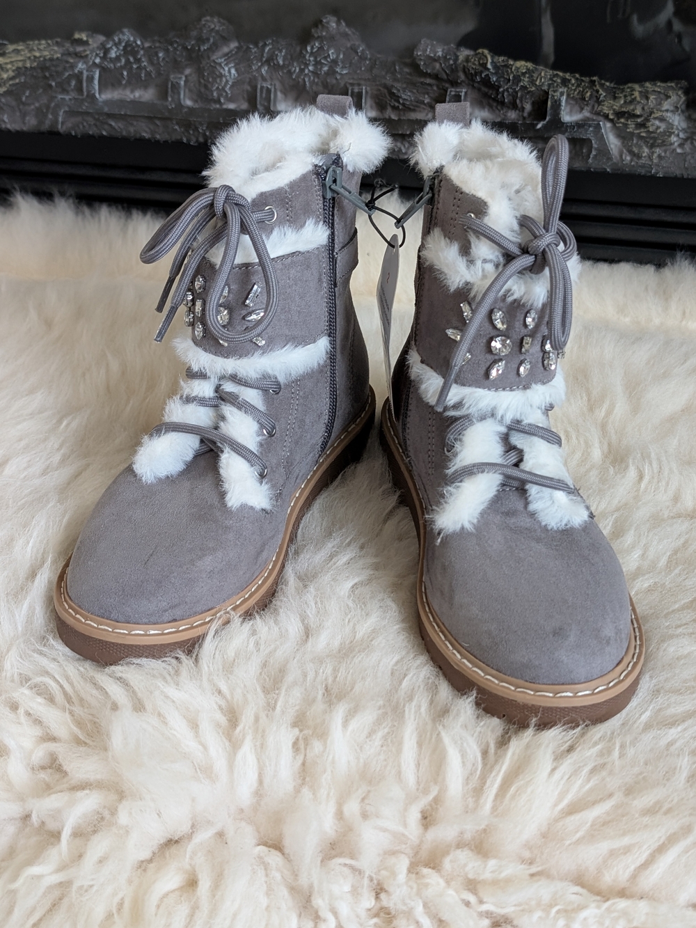 wonder Nation Gray Faux-Fur Suede Lace-Up Ankle Boots